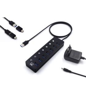 Ewent Hub USB 7 en 1 - Alimentacion Externa - Interruptores Individuales - Incluye Adaptador USB-C - Cable de 1.2m - Color Negro