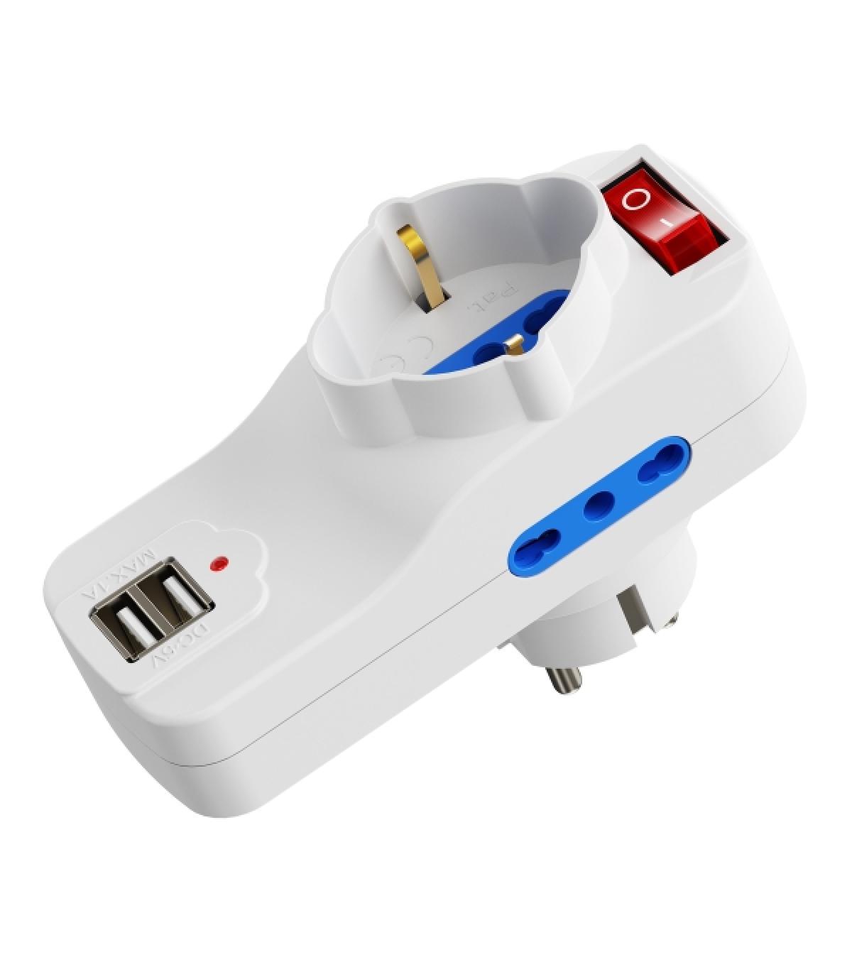 Ewent Regleta de 3 Tomas de Pared - 3x Tomas Italianas Tipo L/ Schuko de 10/16A - 2 Tomas L + 1 Toma L/F (Schuko) - 2x USB-A ..