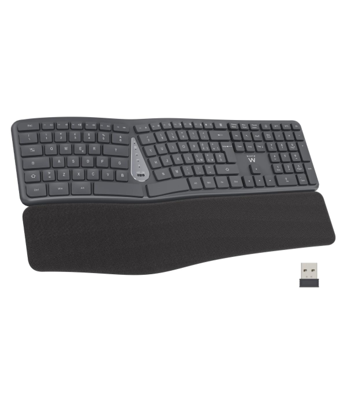 Ewent Teclado Inalambrico - Ergonomico - Bateria de Litio Recargable de 300mAh - Disposicion Portuguesa QWERTY PT - Teclas de Ba