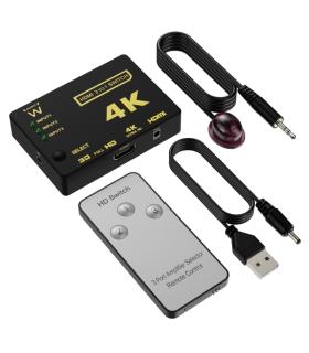 Ewent Switch Conmutador HDMI 3 a 1 - Resolucion 4K - Mando a Distancia - Incluye Cable de Alimentacion e IR - Color Negro