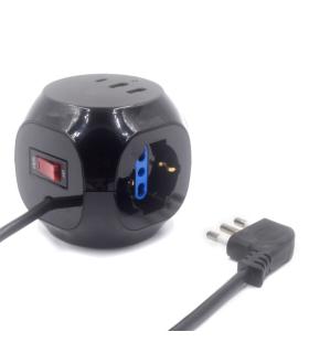 Ewent Regleta con 6 Tomas de Sobremesa en Forma de Cubo - 3 Tomas L/F (Schuko) - 2x USB-A - 1x USB-C - Enchufe Italiano Plano en