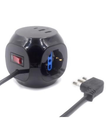 Ewent Regleta con 6 Tomas de Sobremesa en Forma de Cubo - 3 Tomas L/F (Schuko) - 2x USB-A - 1x USB-C - Enchufe Italiano Plano en