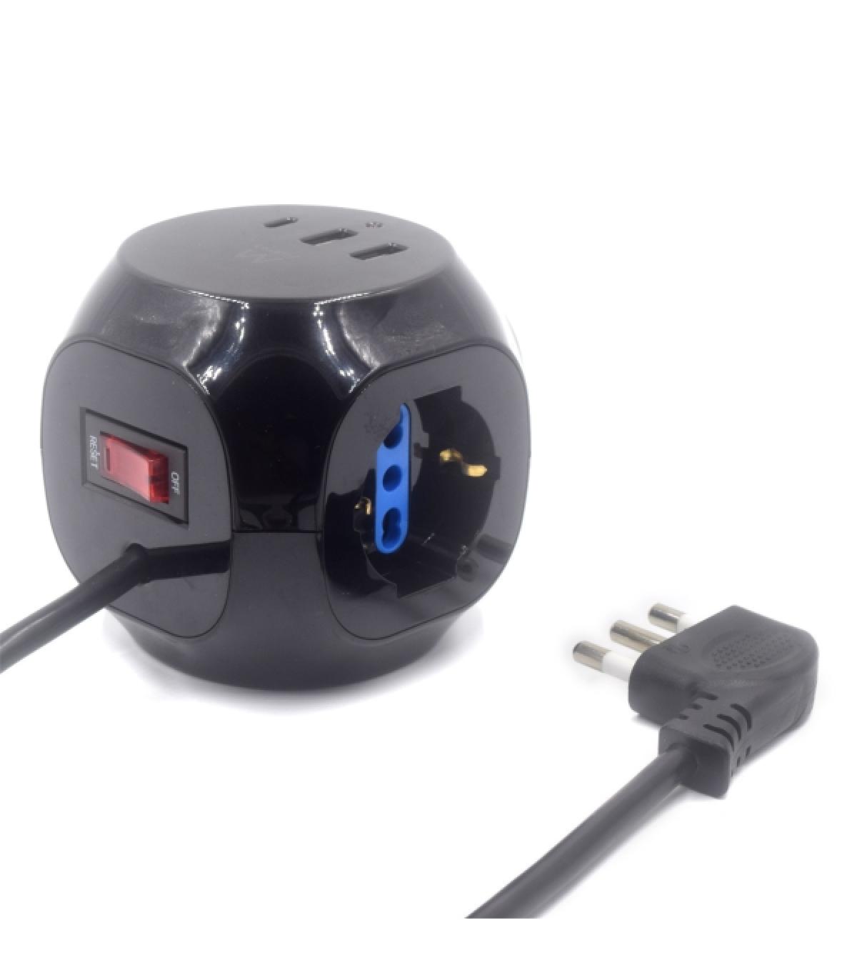 Ewent Regleta con 6 Tomas de Sobremesa en Forma de Cubo - 3 Tomas L/F (Schuko) - 2x USB-A - 1x USB-C - Enchufe Italiano Plano en