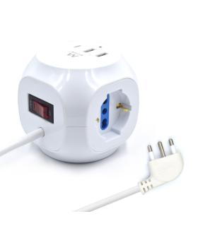 Ewent Regleta con 6 Tomas de Sobremesa en Forma de Cubo - 3 Tomas L/F (Schuko) - 2x USB-A - 1x USB-C - Enchufe Italiano Plano en