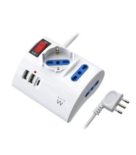 Ewent Regleta con 6 Tomas de Sobremesa - 2 Tomas L + 1 Toma L/F (Schuko) - 2x USB-A - 1x USB-C - Enchufe Italiano Plano en Angul