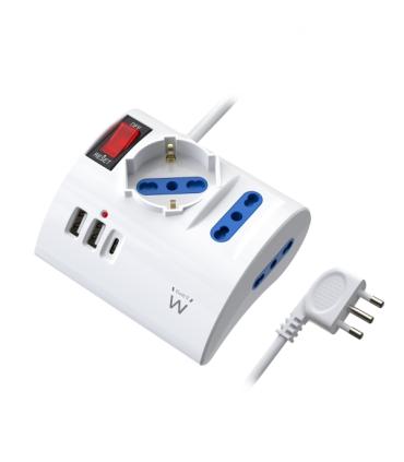 Ewent Regleta con 6 Tomas de Sobremesa - 2 Tomas L + 1 Toma L/F (Schuko) - 2x USB-A - 1x USB-C - Enchufe Italiano Plano en Angul