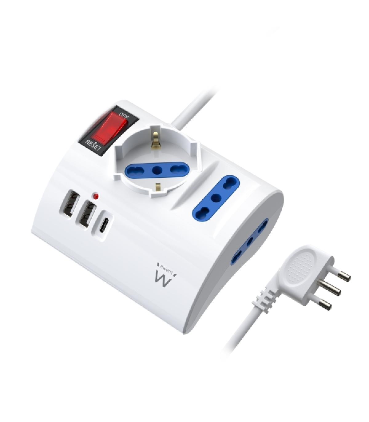 Ewent Regleta con 6 Tomas de Sobremesa - 2 Tomas L + 1 Toma L/F (Schuko) - 2x USB-A - 1x USB-C - Enchufe Italiano Plano en Angul