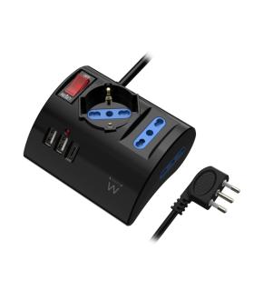 Ewent Regleta con 6 Tomas de Sobremesa - 2 Tomas L + 1 Toma L/F (Schuko) - 2x USB-A - 1x USB-C - Enchufe Italiano Plano en Angul