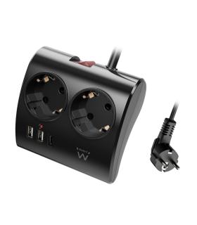 Ewent Regleta de 5 Tomas de Sobremesa - 2x Schuko 16A - 2x USB-A - 1x USB-C - Interruptor On/Off - Cable de 1.5m - Color Negro