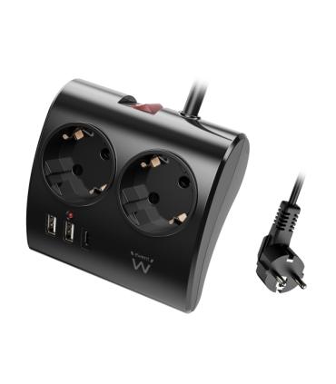 Ewent Regleta de 5 Tomas de Sobremesa - 2x Schuko 16A - 2x USB-A - 1x USB-C - Interruptor On/Off - Cable de 1.5m - Color Negro