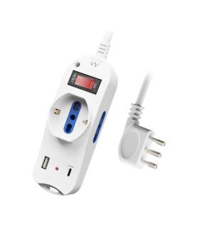 Ewent Regleta con 6 Tomas - 2 Tomas L + 1 Toma L/F (Schuko) - 1x USB-A - 1x USB-C - Enchufe Italiano Plano en Angulo - Interrupt