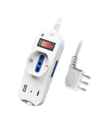 Ewent Regleta con 6 Tomas - 2 Tomas L + 1 Toma L/F (Schuko) - 1x USB-A - 1x USB-C - Enchufe Italiano Plano en Angulo - Interrupt