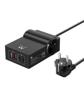 Ewent Cargador USB con 2 Tomas de Corriente Tipo Schuko 16A - 65W GaN - 2x USB-A - 2x USB-C - Cable de 1.5m - Proteccion Infanti