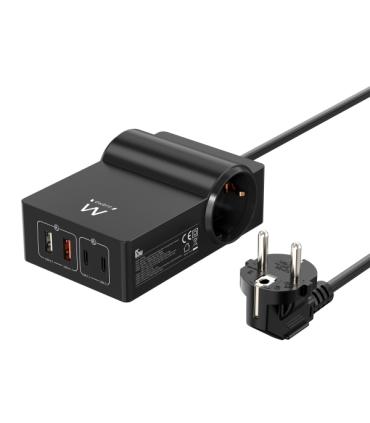 Ewent Cargador USB con 2 Tomas de Corriente Tipo Schuko 16A - 65W GaN - 2x USB-A - 2x USB-C - Cable de 1.5m - Proteccion Infanti