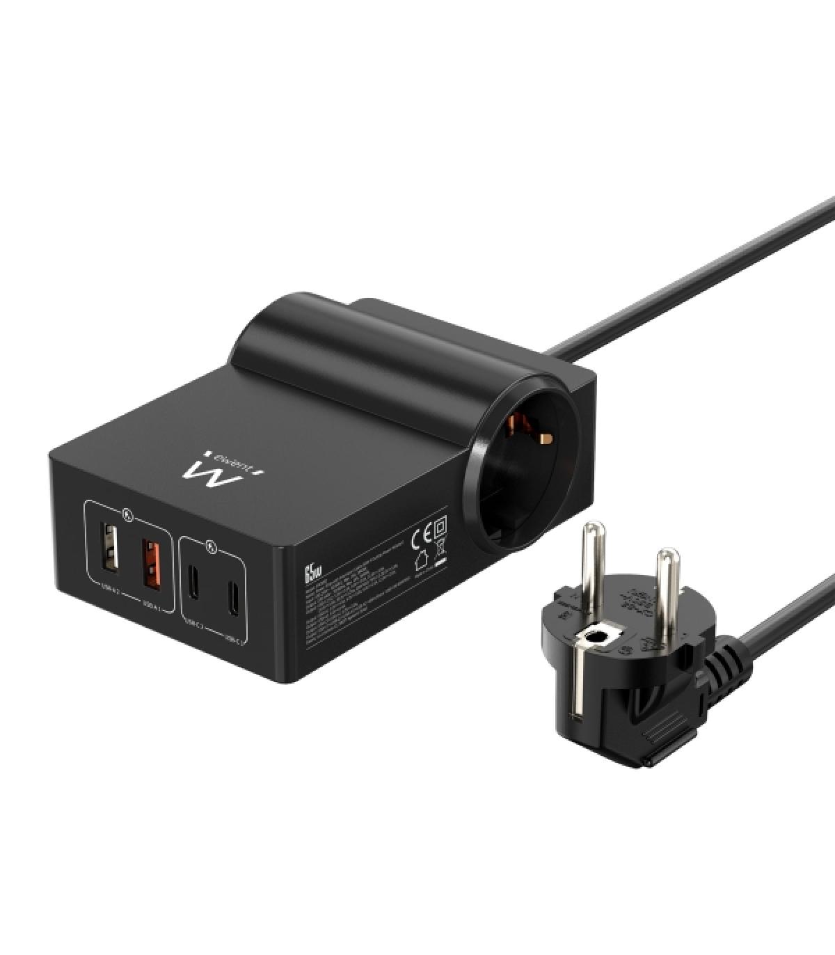 Ewent Cargador USB con 2 Tomas de Corriente Tipo Schuko 16A - 65W GaN - 2x USB-A - 2x USB-C - Cable de 1.5m - Proteccion Infanti