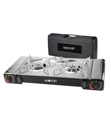 Muvip Cocina de Gas Portatil 2 Fuegos - Doble Bombona - Encendido Automatico - Quemador de Aluminio - Valvula de Doble Sellado..