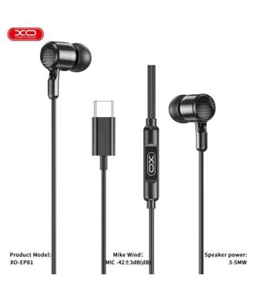 XO EP81 Auriculares Intrauditivos con Microfono - Conexion USB-C - Cable de 1.20m - Color Negro