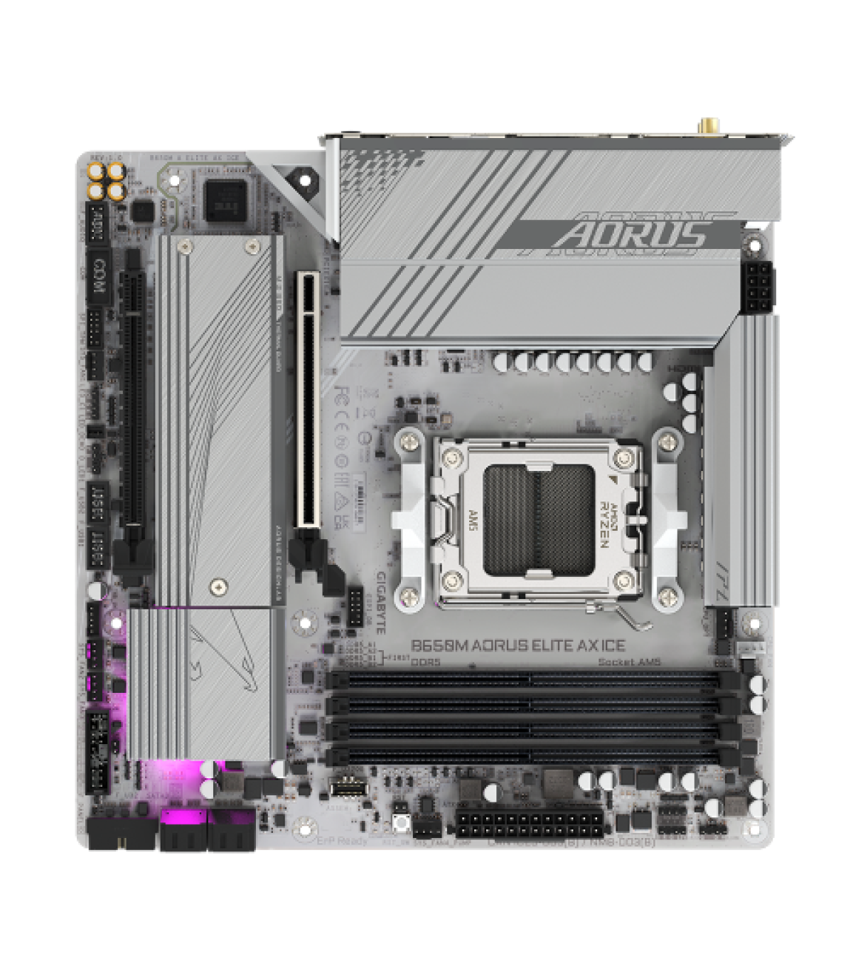 GIGABYTE B650M AORUS ELITE AX ICE Placa base - AMD Ryzen serie 9000, VRM de 12+2+2 fases, hasta 8000 MHz DDR5 (OC), 1xPCIe 5.0..