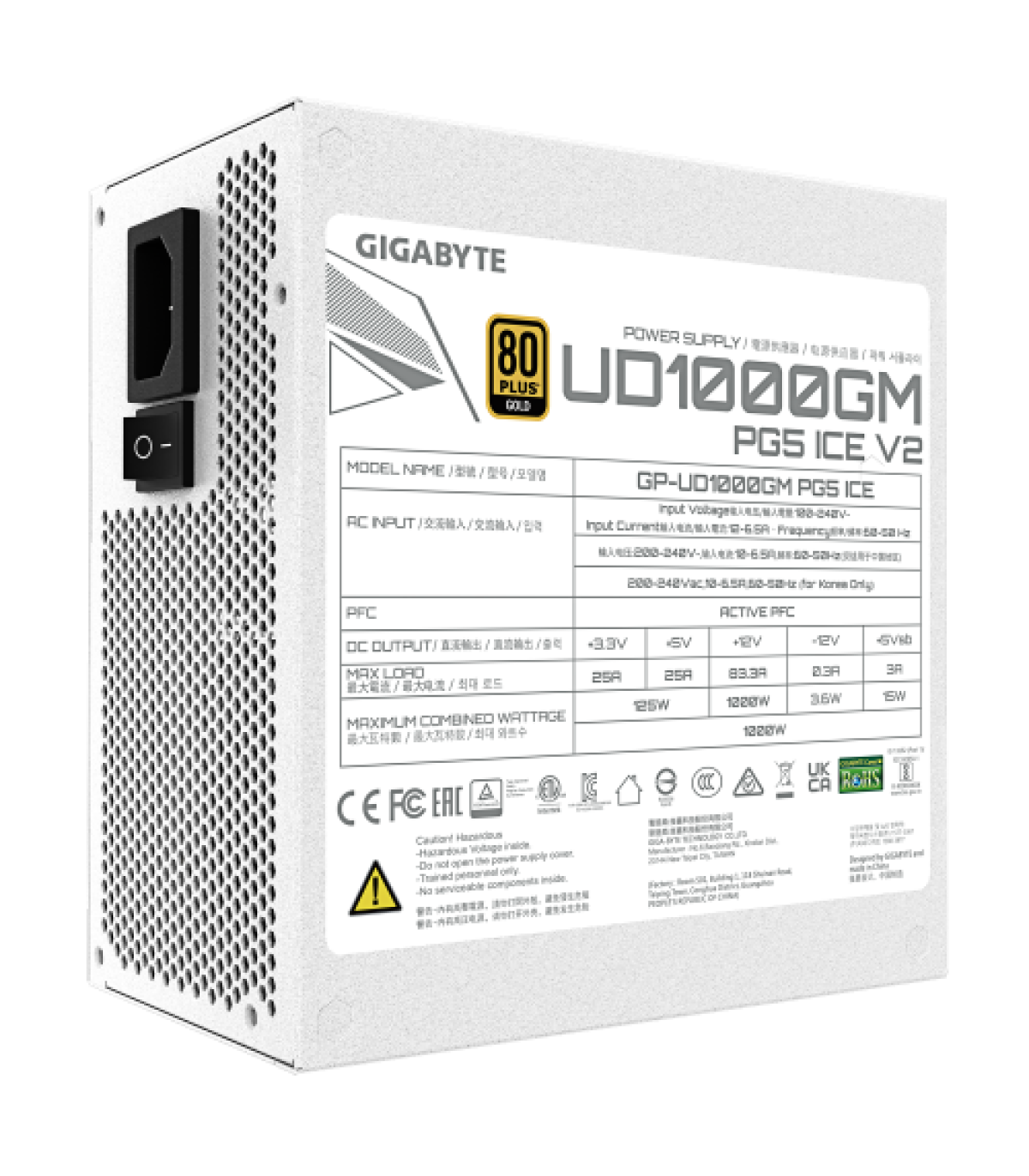 GIGABYTE UD1000GM PG5 V2 ICE Fuente de Alimentación – PCIe Gen 5.1, 80 PLUS Gold, Diseño completamente modular, Ventilador de 12