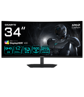 GIGABYTE G34WQC2 Monitor Gaming Curvo 34” WQHD - 3440 x 1440, 1500R, 200Hz, 1ms, 450 cd/m², AMD FreeSync Premium, DisplayHDR 400