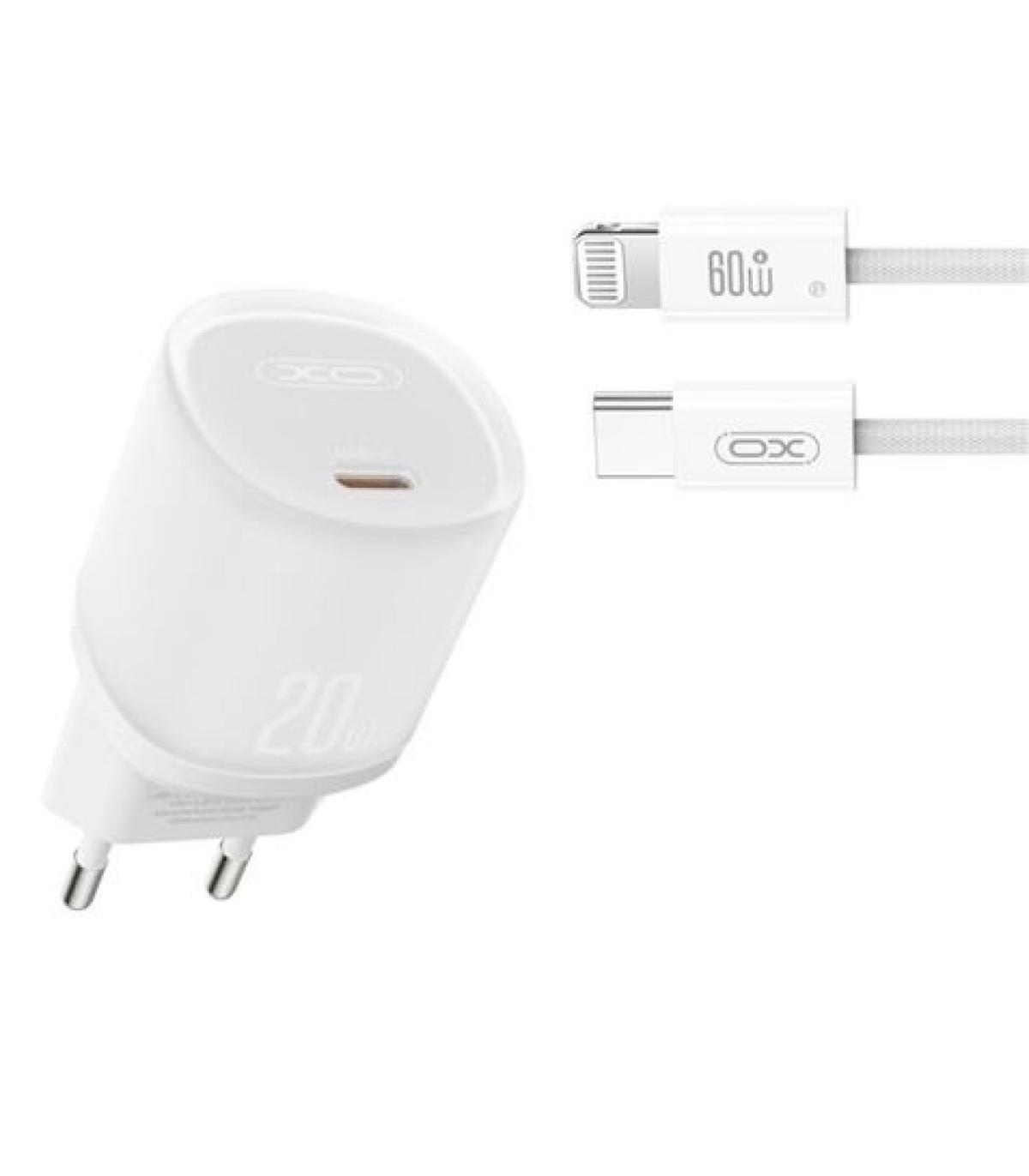 XO L143 Cargador de Corriente 20W - USB-C - PD 3.0 y QC 3.0 - Incluye Cable USB-C a Lightning - Color Blanco