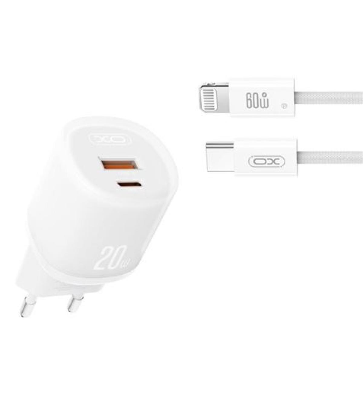 XO L144 Cargador de Corriente 20W - USB-A y USB-C - PD 3.0 - Incluye Cable USB-C a Lightning - Color Blanco