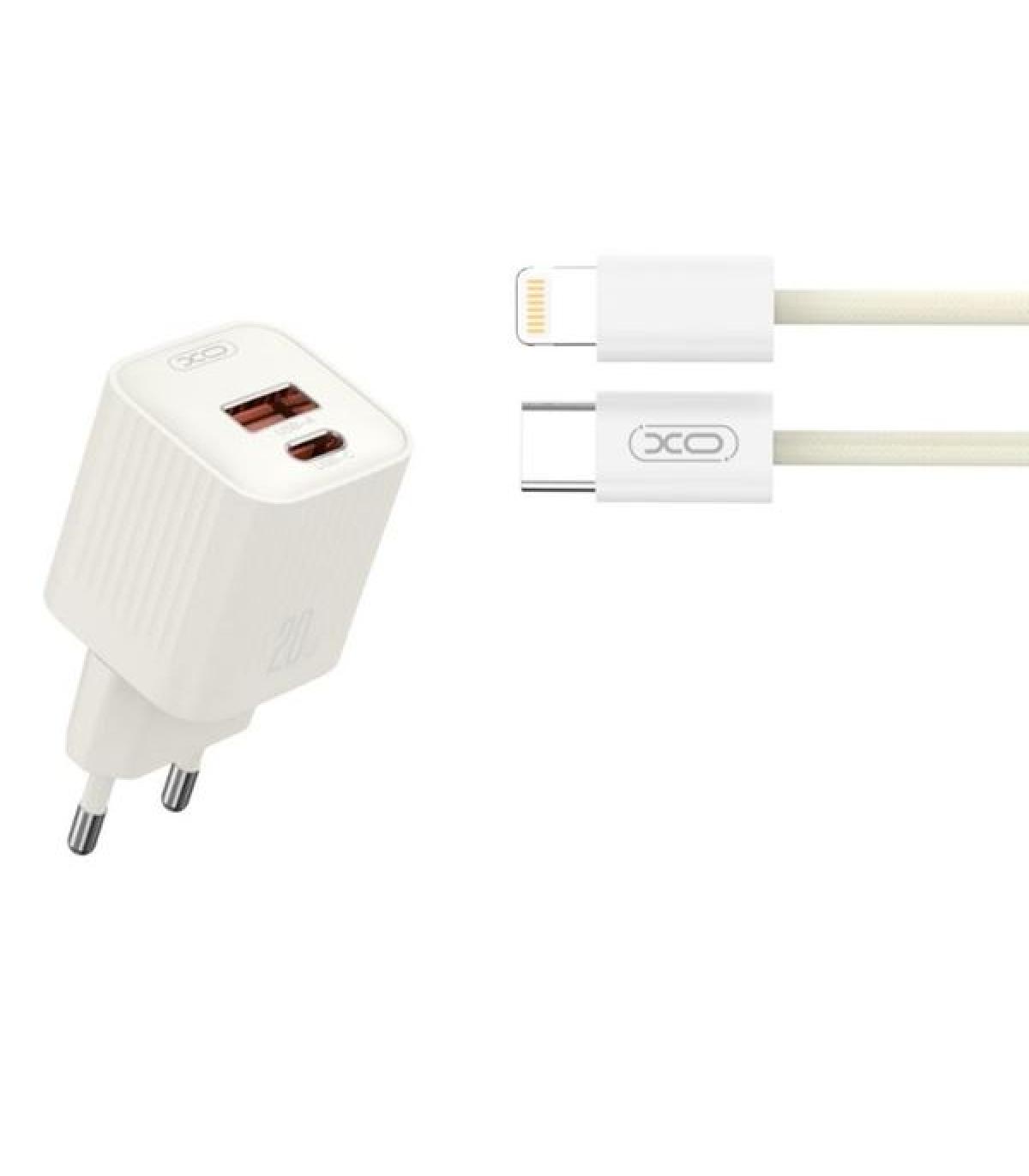 XO L147 Cargador de Corriente 20W - USB-A y USB-C - Carga Rapida - Incluye Cable USB-C a Lightning - Color Blanco