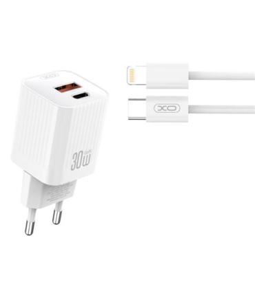 XO L149 Cargador de Corriente 30W - USB-A y USB-C - Alto Rendimiento - Incluye Cable USB-C a Lightning - Color Blanco