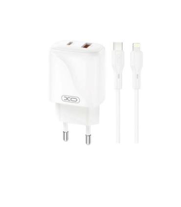 XO L158 Cargador de Corriente 20W - USB-A y USB-C - Alto Rendimiento - Incluye Cable USB-C a Lightning - Color Blanco
