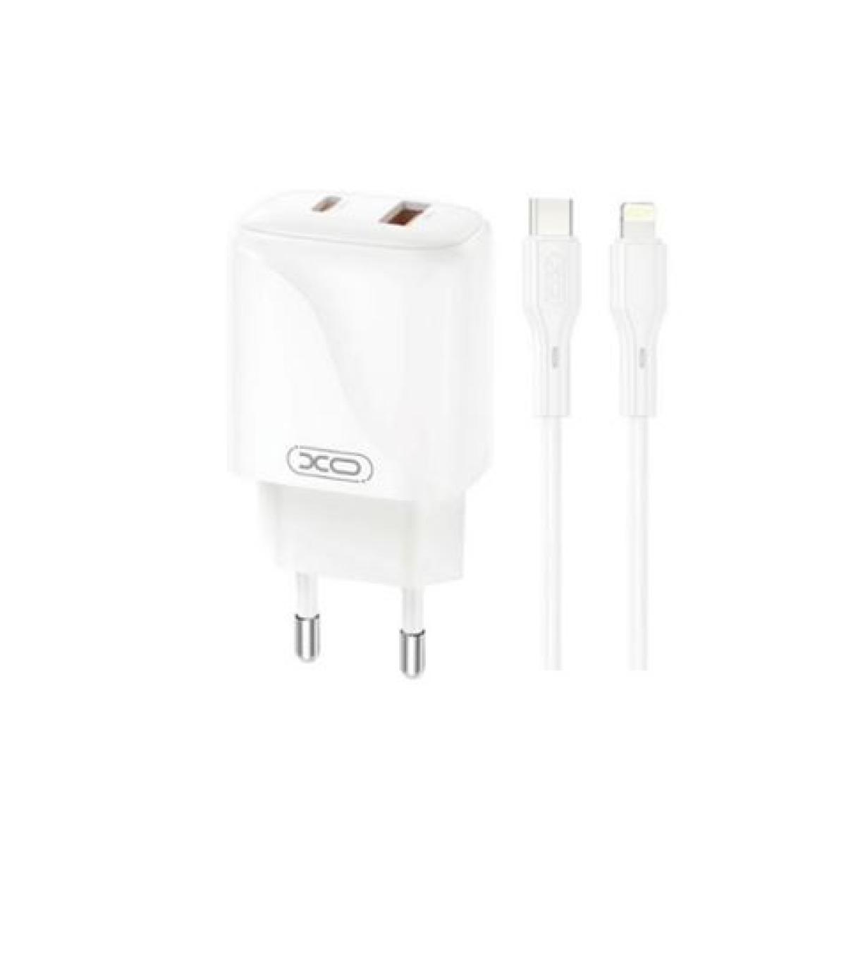 XO L158 Cargador de Corriente 20W - USB-A y USB-C - Alto Rendimiento - Incluye Cable USB-C a Lightning - Color Blanco