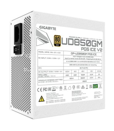 GIGABYTE UD850GM PG5 V2 ICE Fuente de Alimentación – PCIe Gen 5.1, 80 PLUS Gold, Diseño completamente modular, Ventilador de 120
