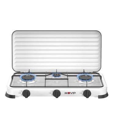 Muvip Vulcano Cocina de Gas con 3 Fuegos - Tapa Protectora - Patas de Goma - Superficie Esmaltada - Quemador Extraible - 57.7x27