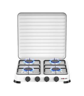 Muvip Vulcano Cocina de Gas con 4 Fuegos - Tapa Protectora - Patas de Goma - Superficie Esmaltada - Quemador Extraible - 47.8x47