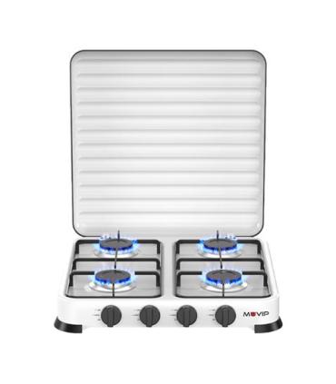 Muvip Vulcano Cocina de Gas con 4 Fuegos - Tapa Protectora - Patas de Goma - Superficie Esmaltada - Quemador Extraible - 47.8x47