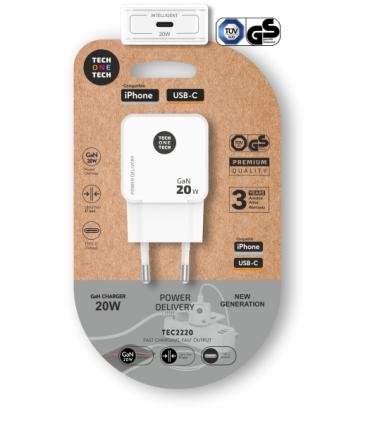 TechOneTech Cargador de Pared Ultrarrápido GaN 20w USB-C Blanco