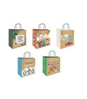 Bismark Bolsa de Papel Kraft con Mensajes Navideños - Medidas 26x8x24cm - 5 Diseños Diferentes Pack de 25