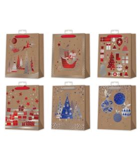 Bismark Bolsa de Papel Kraft Navidad - Impresion Foil - 6 Diseños Diferentes Pack de 12