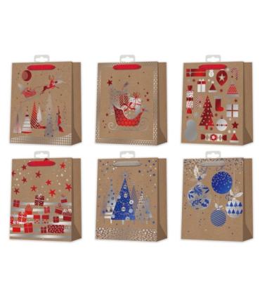 Bismark Bolsa de Papel Kraft Navidad - Impresion Foil - 6 Diseños Diferentes Pack de 12