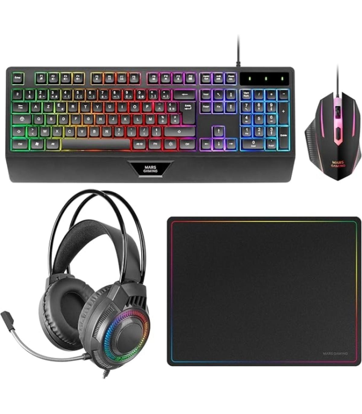 Mars Gaming MCP124PRO Combo Pack Gaming 4en1 - Teclado Hibrido H-Mech - Disposicion Francesa AZERTY FR - Raton 3200dpi - Alfombr