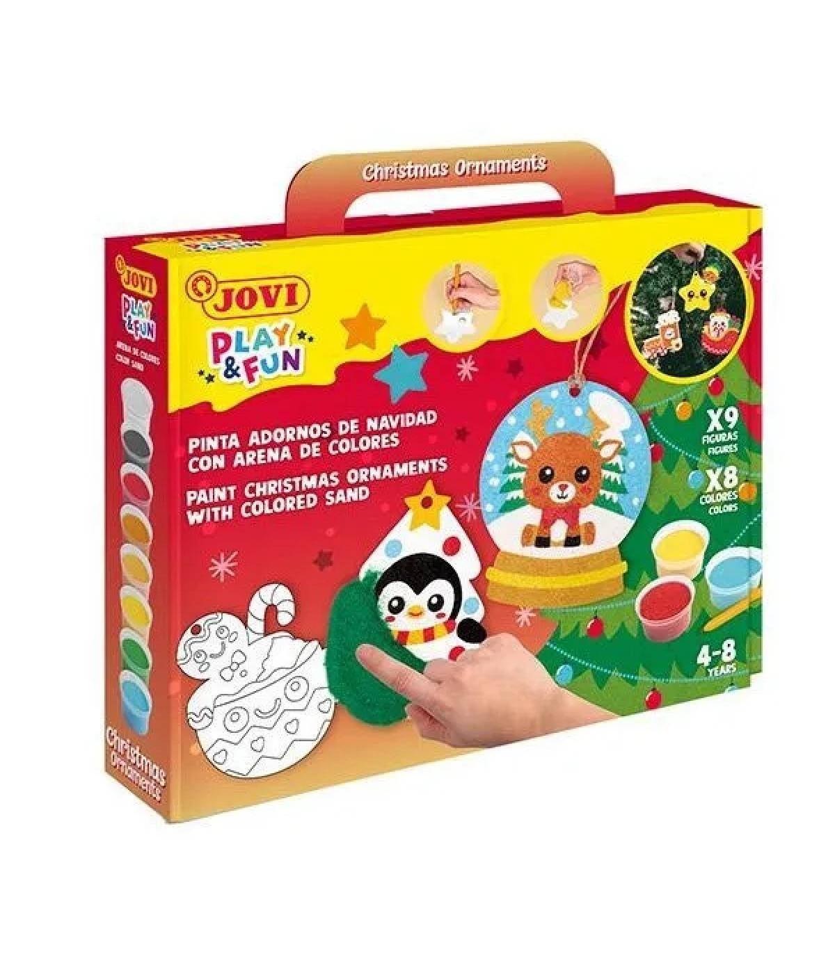 Jovi Play & Fun Kit Pinta con Arena Christmas Ornaments con 8 Botes de Arena + 1 Punzon + 3 Laminas con Diseños Navideños - Colo