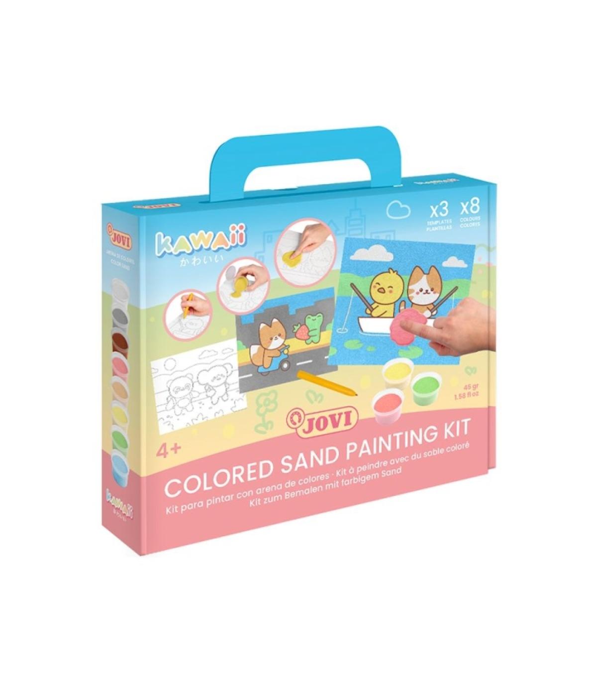 Jovi Kawaii Kit Pinta con Arena con 8 Botes de Arena + 1 Punzon + 3 Laminas con Diseños Kawaii - Colores Surtidos