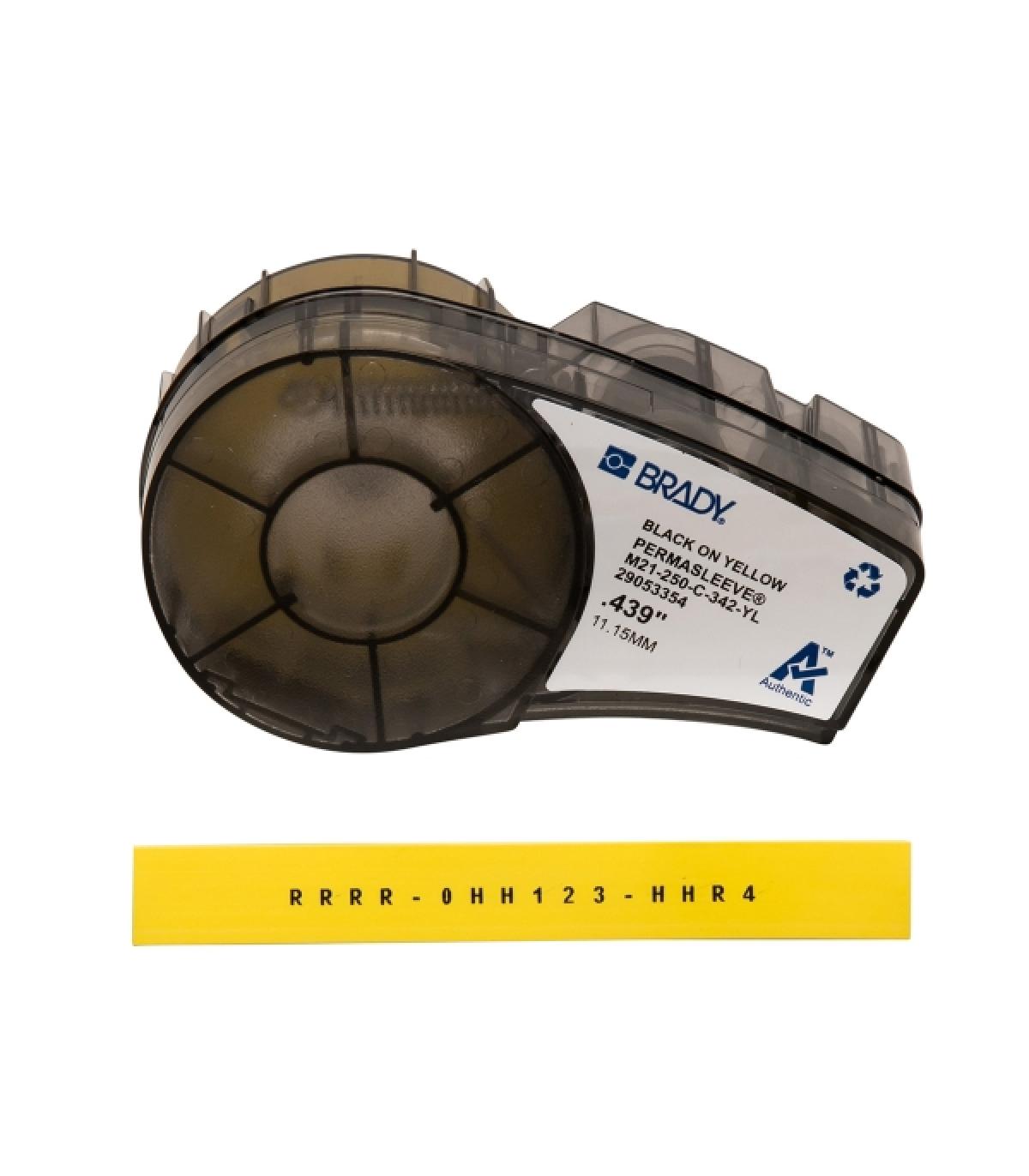 Brady M21-250-C-342-YL Cinta de Etiquetas Original Termocontractiles PermaSleeve - Texto Negro sobre Fondo Amarillo - Ancho 11,1