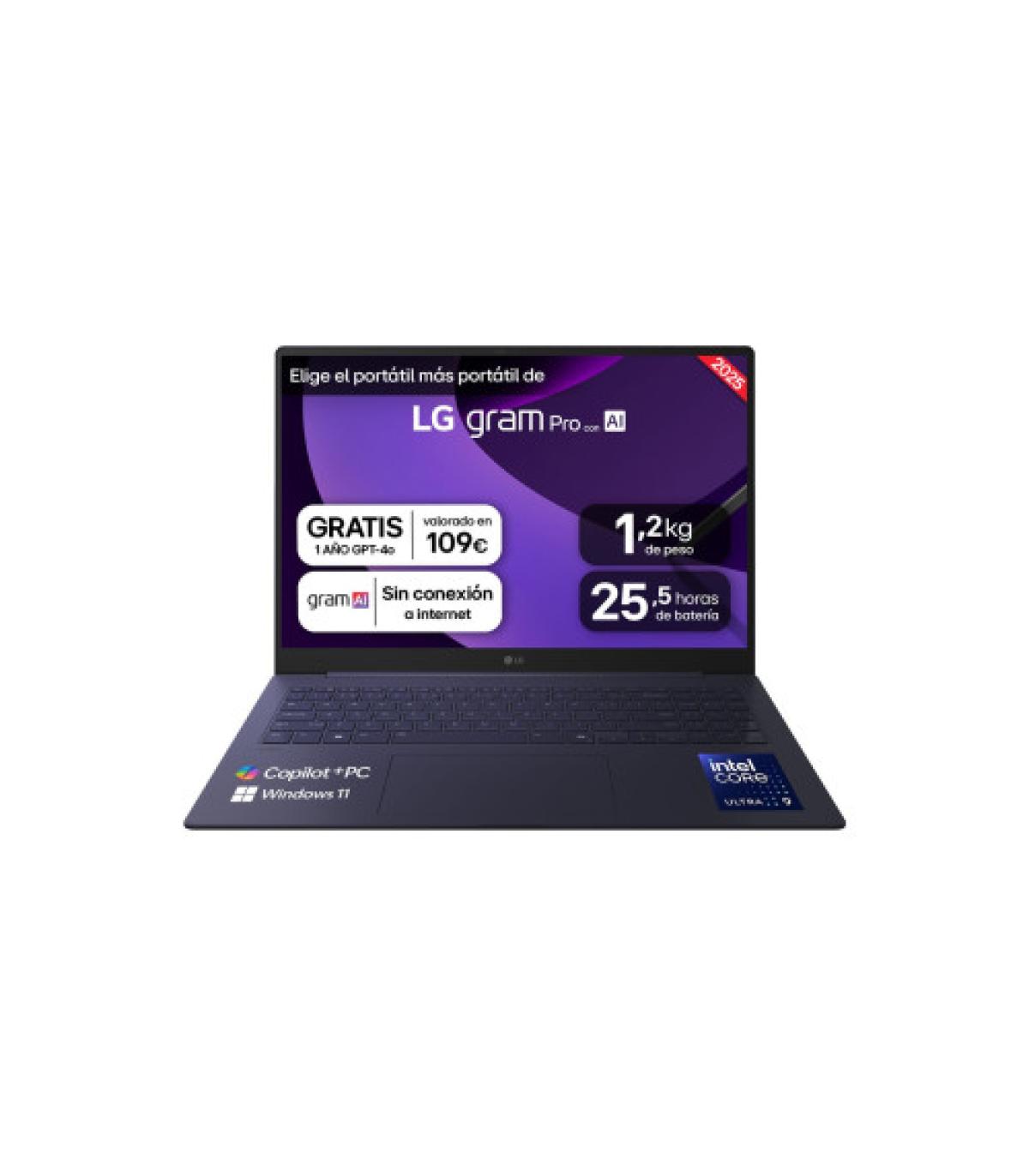 PORTATIL LG, 16", GRAM PRO 16Z90TS-G.AU99B, INTEL CORE ULTRA 9, 3,3 GHZ, 40,6 CM, 2560 X 1600 PIXELES, 32 GB, 1 TB
