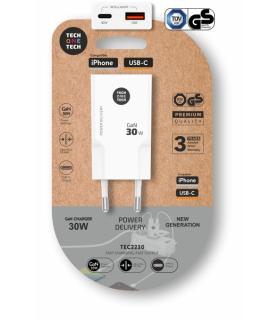 TechOneTech Cargador Doble de Pared Ultrarrápido GaN 30w USB-C+USB-A Blanco