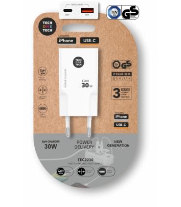 TechOneTech Cargador Doble de Pared Ultrarrápido GaN 30w USB-C+USB-A Blanco