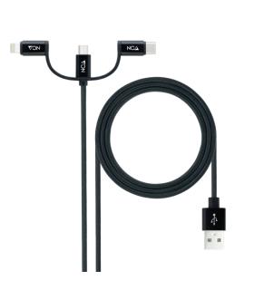 Nanocable Cable USB-A 2.0 Macho a USB-C, MicroUSB, Lightning Macho 1m - Color Negro