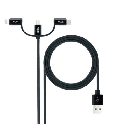 Nanocable Cable USB-A 2.0 Macho a USB-C, MicroUSB, Lightning Macho 1m - Color Negro