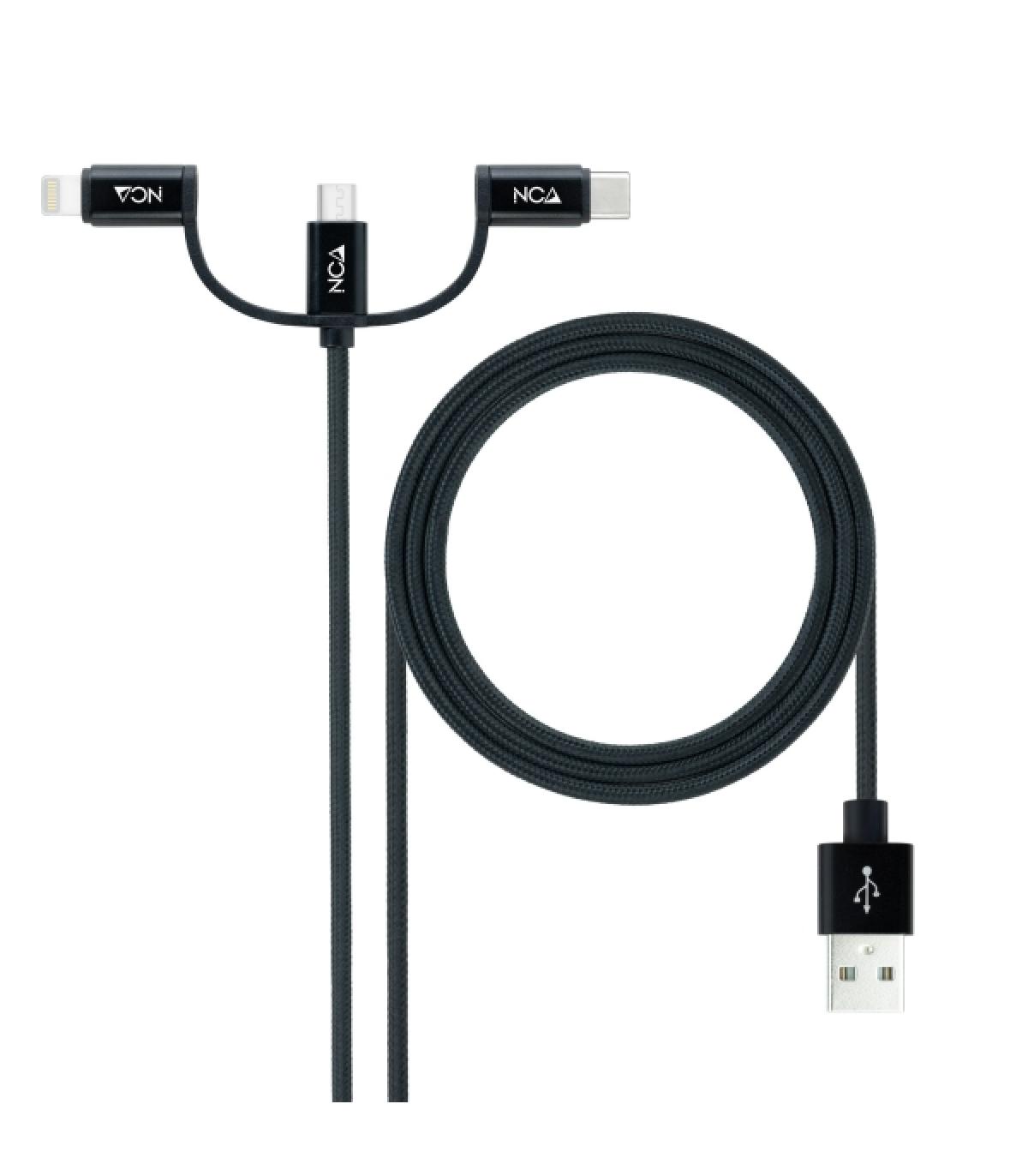 Nanocable Cable USB-A 2.0 Macho a USB-C, MicroUSB, Lightning Macho 1m - Color Negro