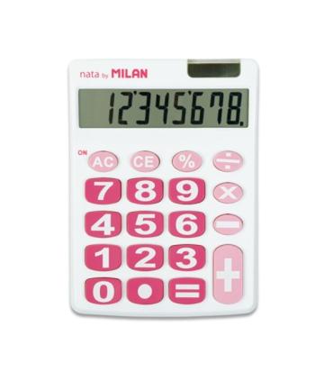 Milan Nata Calculadora de Sobremesa 8 Digitos - Teclas Grandes - Apagado Automatico - Color Blanco y Rosa