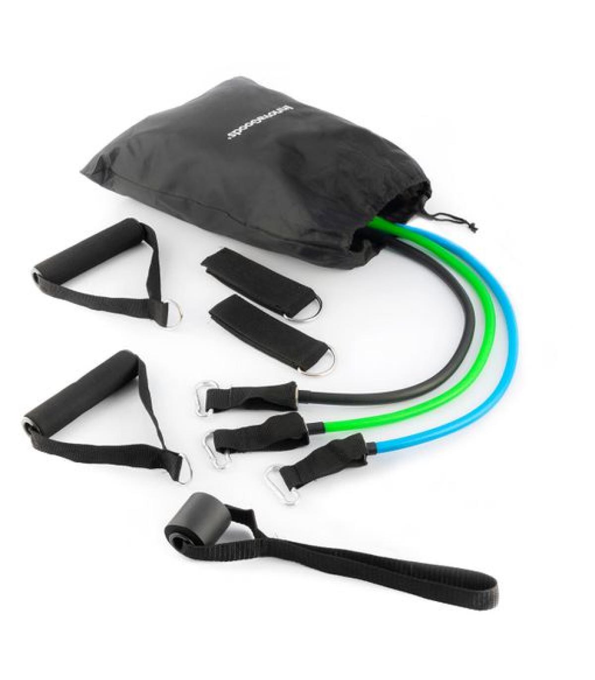 Innovagoods Tribainer Set de 3 Bandas de Resistencia con Accesorios - Resistencia Ajustable - Guia de Ejercicios - Portatil - Ma